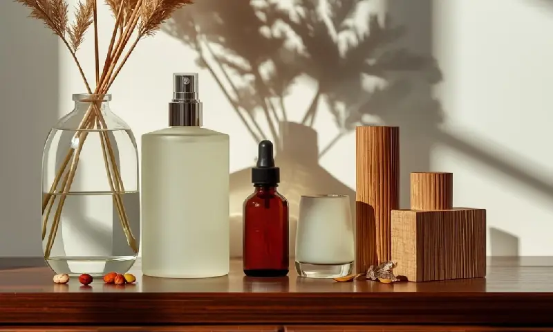 Premium home fragrance still-life featuring frosted room spray, amber fragrance oil bottle, glass diffuser, and mahogany teakwood elements arranged on a wooden surface in warm natural light.