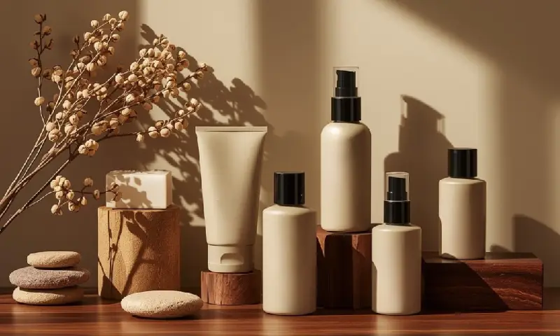 Minimal still-life of mahogany teakwood body care and personal fragrance products arranged on wooden blocks with natural botanicals in warm ambient light.