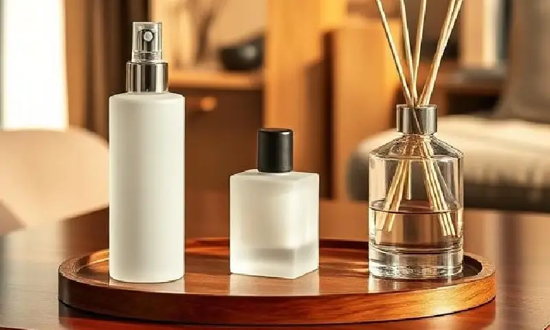Minimal home fragrance setup featuring a frosted mahogany teakwood room spray, diffuser bottle, and glass reed diffuser arranged on a wooden tray in warm ambient light.