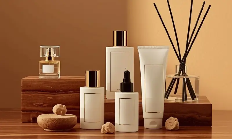 Unified mahogany teakwood fragrance collection featuring perfume, body care, essential oil, and diffuser products arranged on wooden blocks in warm ambient light.