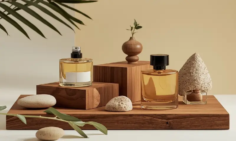 Premium fragrance bottles with concentrated mahogany teakwood formulations displayed on wooden blocks with natural stone accents in warm ambient light.