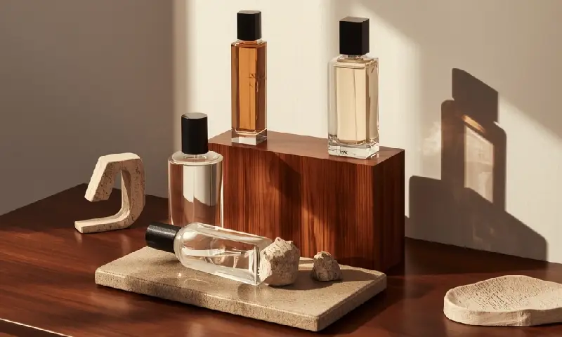 Elegant fragrance bottles with balanced design and refined mahogany teakwood tones arranged on wooden and stone surfaces in soft natural light.